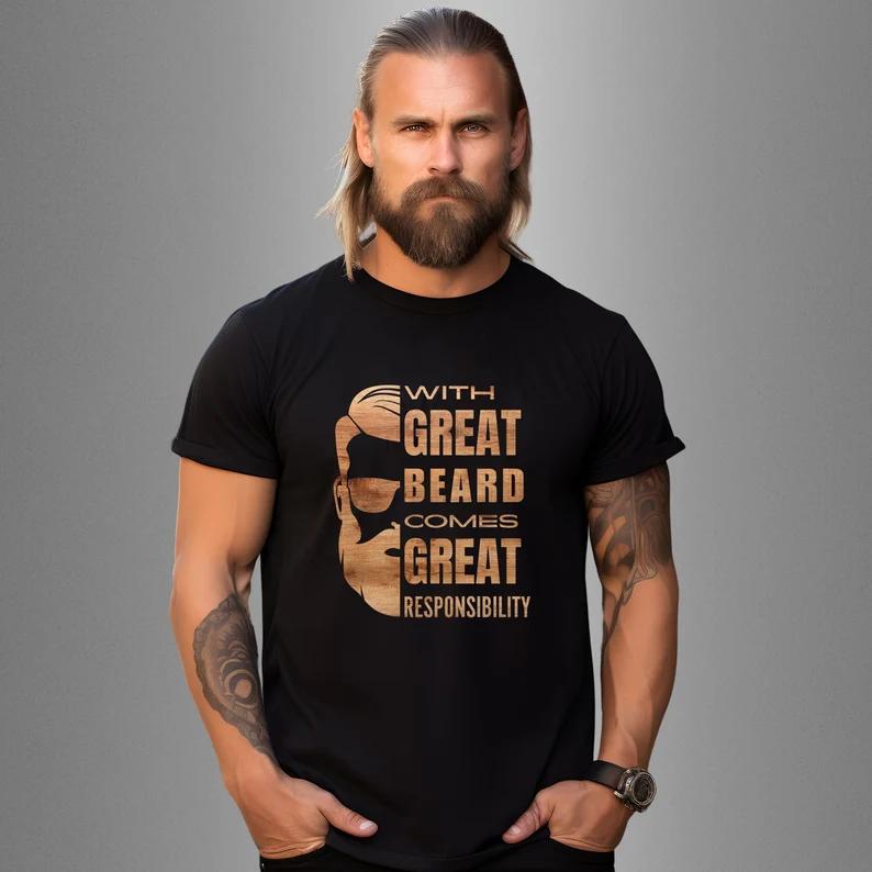Funny Beard Shirt Wood Design, With Great Beard Comes Great Responsibility, Men's Beard T-Shirt, Funny Shirt for Men, Gifts for the Bearded graphic tee