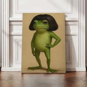 Whimsical Frog Portrait Canvas Poster Funny Animal Abstract Mimalist Green Funny Frog Poster Art Print Bob Haircut Kids Playroom Decor Frog Lover Gift Unique Wall Art quirky wall decor opossum humor artwork funny poster unique art decor Decoration
