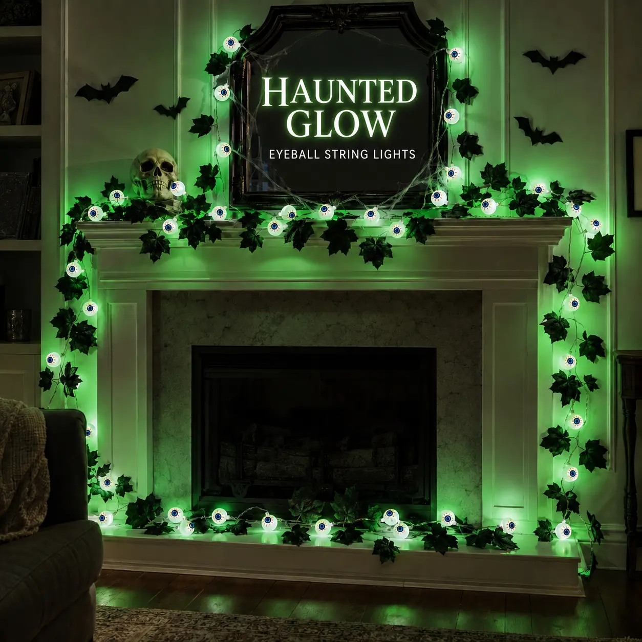 Qawtor Halloween PVC Eyeball String Lights - Lightweight, Scary Green LED Glow, Battery-Operated Festive Decor for Party, Home, Haunted House, Photo