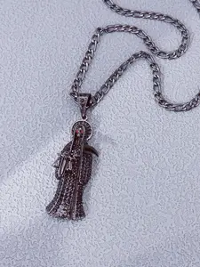 Santa Muerte Necklace, Unique Religious Jewelry, Protective Fashion Accessory, Spiritual Lovers' Personal Pendant, 20-Inch Steel Chain, Chain Link Necklace