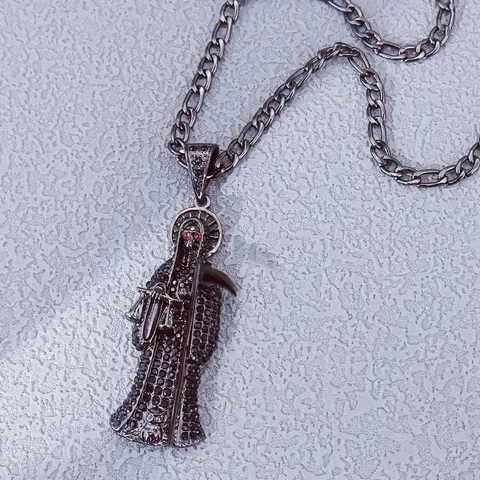 Santa Muerte Necklace, Statement Religious Necklace, Unique Religious Jewelry, Protective Fashion Accessory, Spiritual Lovers' Personal Pendant, 20-Inch Steel Chain, Chain Link Necklace