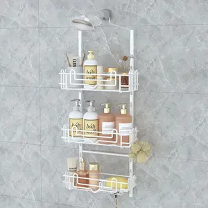 Shower   Organizer - 3-Tier Rustproof Shower Organizer Over Showerhead with Adjustable Baskets, 24 Hooks, Soap & Razor Holder - No Drill Large Bathroom Storage Rack, White