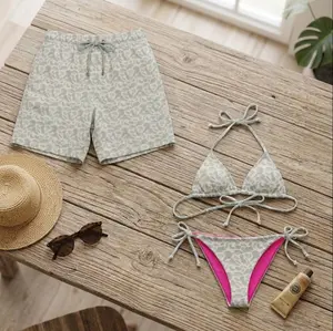 Light Gray Leopard Print Bikini Set with Matching Hawaii Shorts, Vacation Beach Outfit