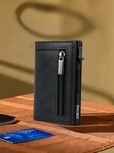 Pop Up Credit Card Holder Rfid Men Wallet Slim Thin Minimalist Wallet Bank Cardholder aluminium Case Black Vallet for Men, with Zip Pocket, Business, Gift for Father, Chrismas, Rfid Card Slots