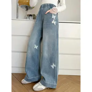 Girls' butterfly pattern jeans, children's straight wide-leg pants