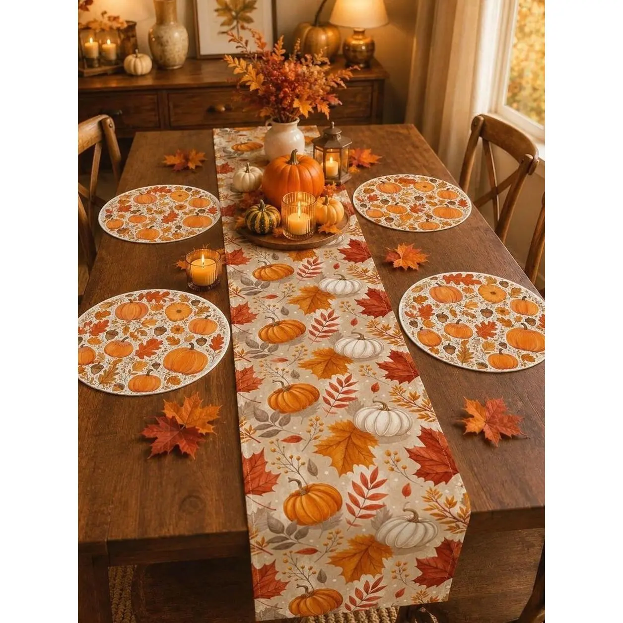 5PCS Fall Pumpkin Table Runner & Round Placemat Set, 13x72in Table Runner with 4 Round Placemats, Autumn Maple Leaf Thanksgiving Dining Table Decor for Farmhouse Kitchen & Harvest Party