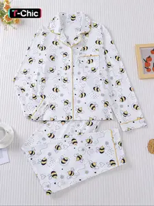 Women's Cute Cartoon Bee Print Pajama Set, Long Sleeve Button Front Top & Elastic Pants, Casual Fall Winter Sleepwear Loungewear Pjs Pyjamas Soft Lounge Sets Pajamas Set