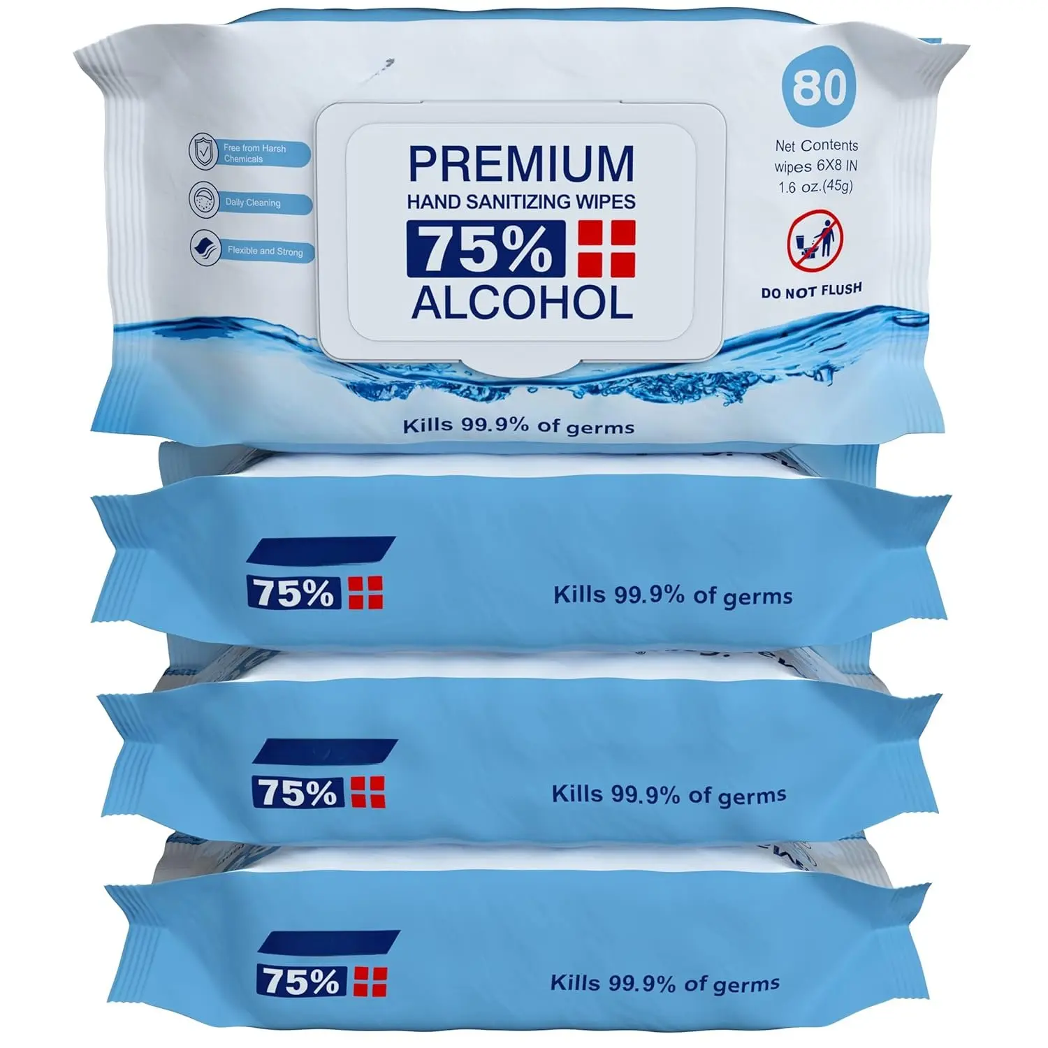 75% Large  Wipes (4, 80ct Packs, 320ct) - Hand Sanitizer Wipes, Unscented Hand Wipe, Cleaning, Sanitizing Wipe - Travel, , Office, Classroom, , Camping - Soft Packs