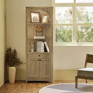 Hulala Baggio Modern Storage Bookcase with Smooth-Glide Drawer, Built-in LED Light, Arched Shape, Touch Switch for Three Lighting Options, Bookshelf, Living Room, Aesthetic