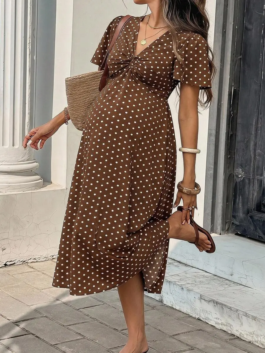 ROSY x Brown Polka Dot Knotted Short-Sleeved Elegant Maternity Dress; Suitable For Summer, Maternity Wear, And Wedding Guest Dress. Ruffle Dress