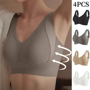 4PCS Seraphia Ribbed Push-Up Seamless Bra Set Soft Comfortable -Solid Four-breasted Adjustable Straps &Wire-Free Support for Daily Wear, Ultra-Soft Breathable Fabric, Bralette for women Full Coverage