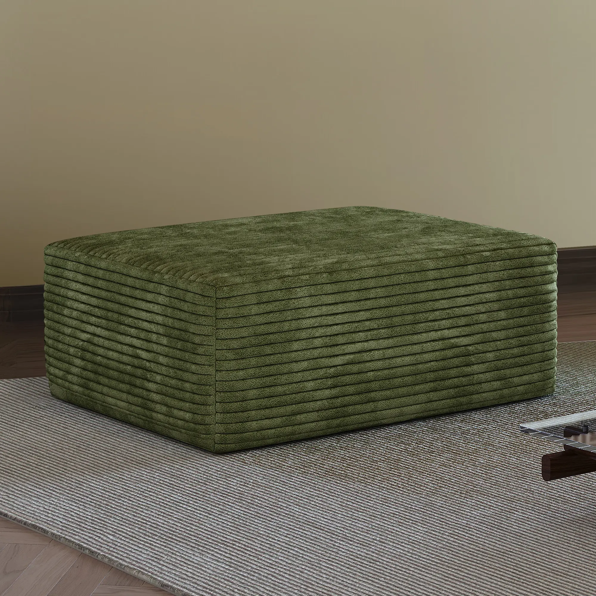 Rectangular Ottoman with Plush Corduroy Fabric, No Assembly Needed, Modern Design for Living Spaces, Green