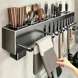 1 Pc Multifunctional Wall Mounted Kitchen Storage Rack, Heavy Duty Carbon Steel Knife Holder, Professional Japanese Style Organizer, No Drill Installation, Space Saving for Knives, Tableware and Cutting Boards at Home & Restaurant