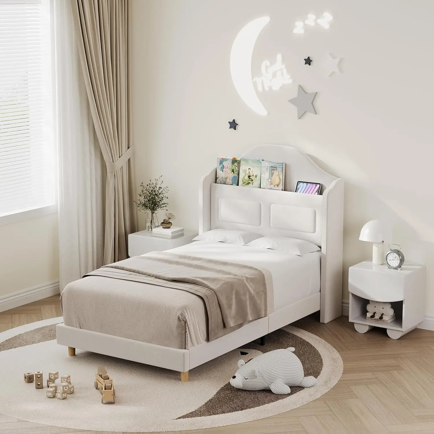Gaomon Twin Size Velvet Wingback Upholstered Platform Bed Frame with Headboard, Built-in Storage, LED Lights, Easy Assembly, No Box Spring Needed, Noise-Free, Beige, Twin Bed