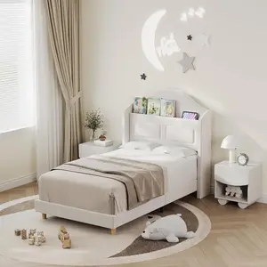 Twin Size Bed Frame with Headboard  Built-in LED Lights  Velvet Upholstered Platform Bed with Wing Back  Easy Assembly  No Box Spring Needed Noise Free  Beige