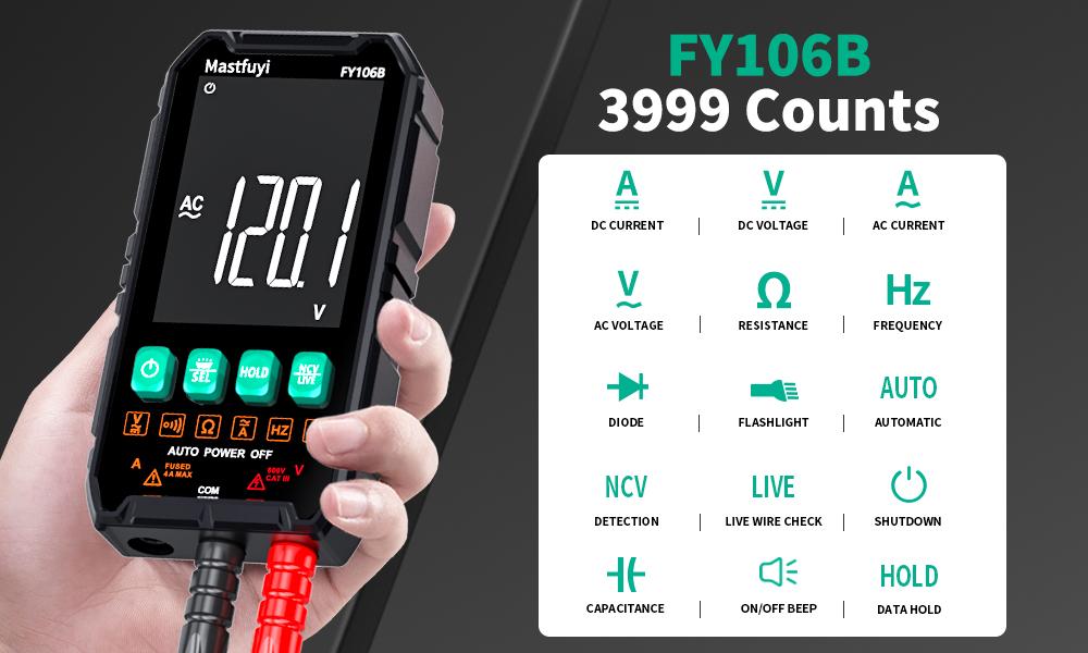 Mastfuyi FY106 Lightweight Smart True RMS Digital Multimeter - 3999 Counts voltmeter, Auto-Ranging, CAT III 600V, Professional Voltage Tester with Test Leads, Tools and Gadgets, Work Accessories, Mechanic Tools for Live Wires detail 2