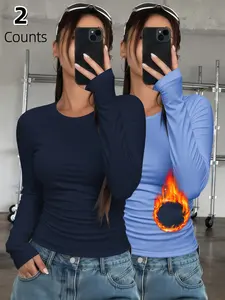2-Pack Women's Thermal Underwear Tops, Solid Color Classic Crew Neck Long-Sleeve Fitted Base Layers for Autumn & Winter - Ideal as Running, Hiking Activewear, Comfortable Base Layer Tees Suitable for Outdoor Activities