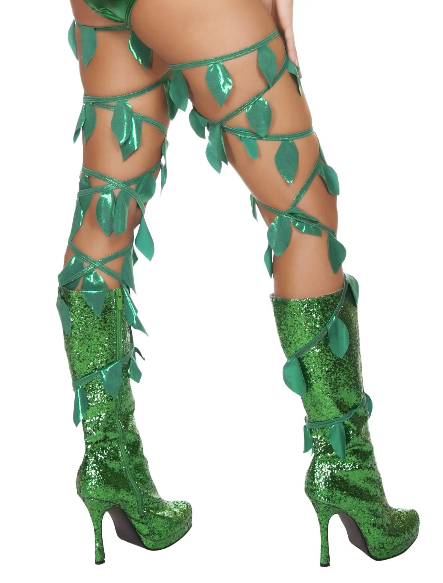 Women's Aesthetic Green Leaf Festival Thigh Wraps - Boho-Chic Vibe Leg Accents, Stylish Fit, Non-Slip Design, Style, Sexy, Pvc, Hand Wash, Metallic, Backless, Festivals, Leafy Leg Accents, Party, Solid