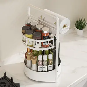 Metal Rotatable Multi-Layer Countertop Kitchen Storage Rack - Paper Towel Holder, Multifunctional Baskets for Condiment Storage