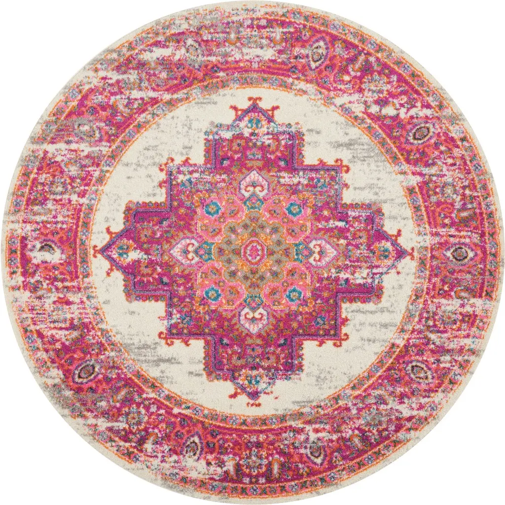 HomeRoots 385322 4 ft. Round Ivory & Fuchsia Distressed Circle Area Rug, Cozy Ethnic Mandala Area Rug, Circle Area Rugs, Cozy Area Rugs