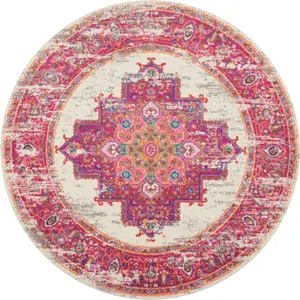 HomeRoots 385322 4 ft. Round Ivory & Fuchsia Distressed Area Rug