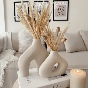 Set of 2 Circular Hollow Ceramic Vase, Small and Large Donut Vase, Nordic Style Hollow Round İnterior Design, Ring Vase, Housewarming Gift