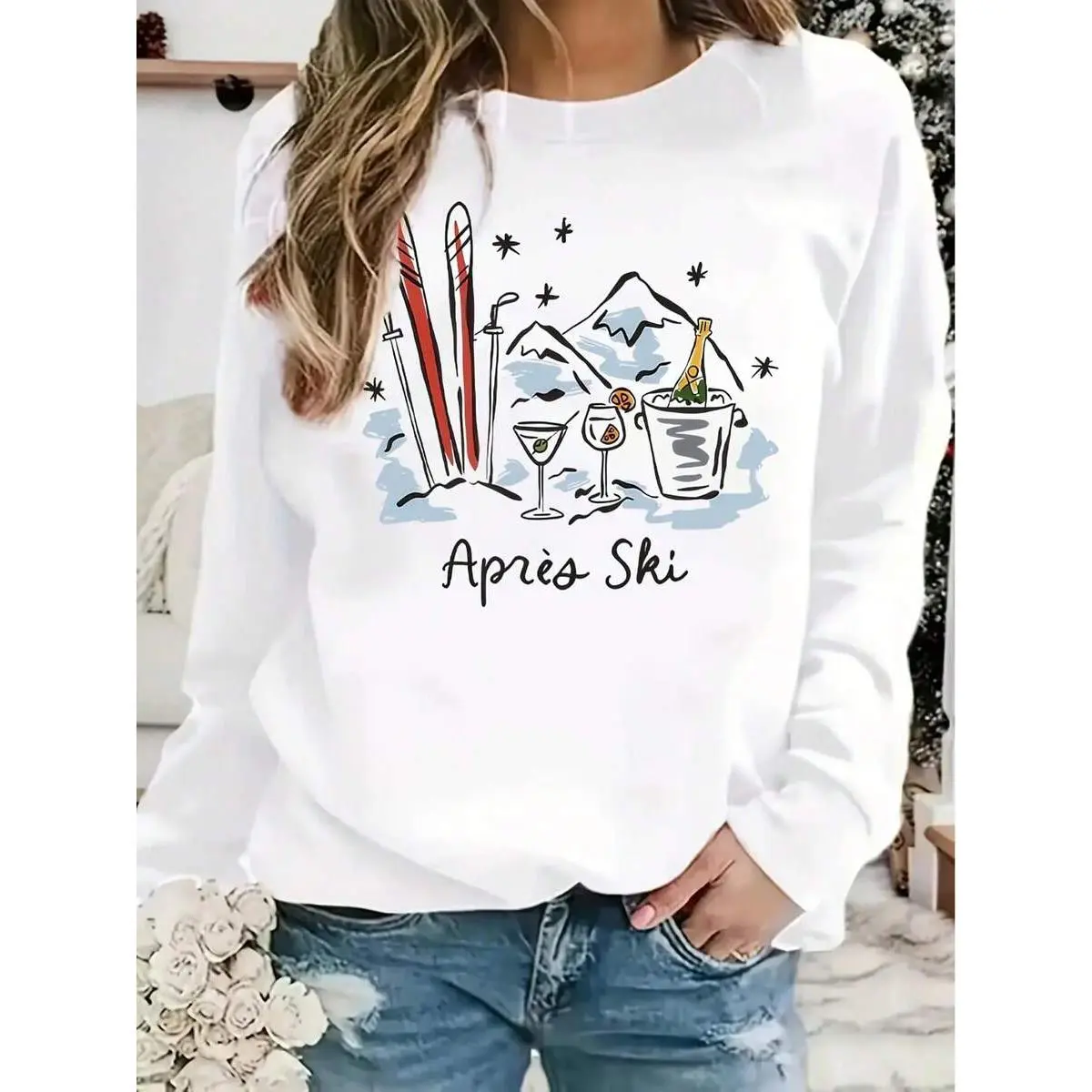Sweatshirt - Cozy Winter Pullover With Apr Ski Design, Skis & Mountain Print, Relaxed Fit Long Sleeve Sweater Skiing, Snowboarding & Casual Outfits |     All-Season Layering, White Cold Weather Apparel |     Soft WarmCasual Daily Wear Halloween Costumes