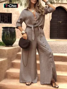 Women's 2-Piece Set Tie-Back Long Sleeve Shirt + Single Button Wide Leg Pants, Vintage Loose Fit Casual Chic for All Seasons