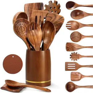 Wooden Kitchen Utensils, 12 count Set Wooden Spoon Set with 9 Teak  Cooking Spoons, Spoon Rest, Pot Holde, 3.3 Inch Utensil Holder, as Kitchen Decoration and Housewarming