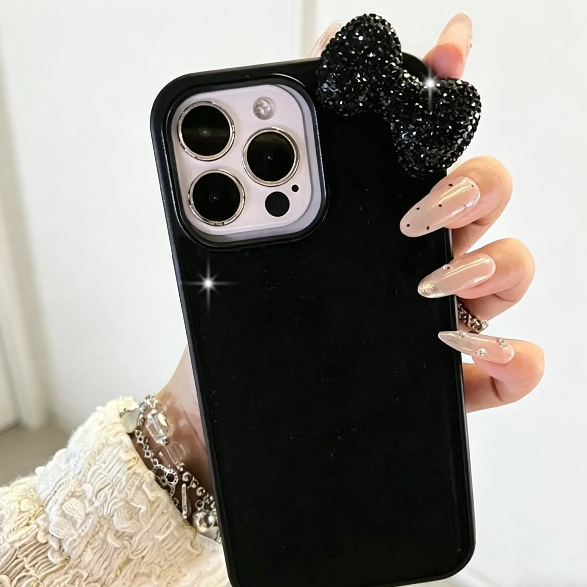 Black Diamond Bow Glitter 3D Protective Case & Compact Scratch-Resistant Screen Protector Set - Korean Soft Shockproof Cover for iPhone 12-17,11,Pro Max,Plus,Mini,X,XR (Smartphone Cellphone Handheld Devices Accessories)