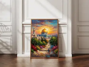 Jerusalem Dome of the Rock & Al Aqsa Mosque Sunset Poster, Style Palestine Travel Poster, Islamic Wall Art