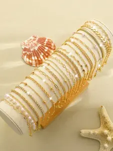 Women's Multi-Layer Heart-Shaped Faux Pearl Rhinestone Snake Chain Bracelet Set, Elegant Vintage Style Jewelry for Parties & Daily Wear