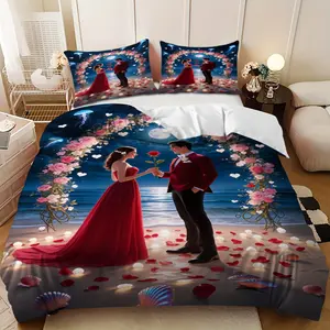 3-piece bedding set - Happy Valentine's Day pink heart cloud down comforter set (1 comforter cover + 2 pillowcases, filling not included). A perfect gift for family and friends, soft and comfortable, suitable for family bedrooms and guest rooms.