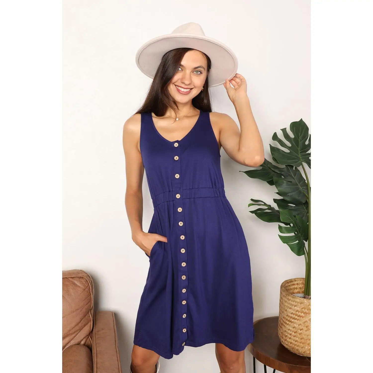 Double Take Button Front Empire Waist Sleeveless Slit Magic Dress