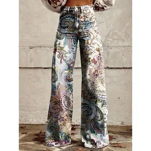 Women's Retro 3D Graffiti Paisley & Sunflower Jeans - Loose Comfy Wide-Leg Ombre Wash Denim Pants with Mid-Rise, Machine Washable Casual Vintage Style for All Seasons