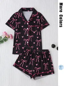 Women's All Over Bow Print Lapel Neck Pocket Shirt & Elastic Waist Shorts Pyjama Two-piece Set, Casual Comfy Short Sleeve Top & Shorts Pj Set, Pajama Sets Women, Ladies Sleepwear for All Seasons, Pajamas, Womenswear, Lounge Wear