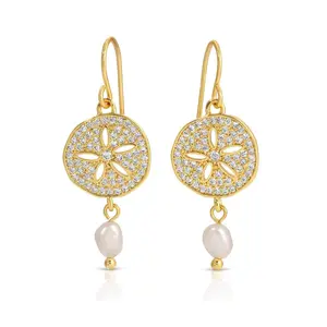 Gold Sand Dollar Pearl Earrings | Coastal Beach Drop Earrings | CZ Pave Shell Earrings | 18K Gold Plated Wedding & Vacation Jewelry