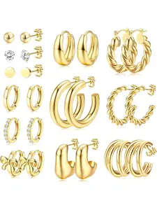 12 Pairs Chunky Gold Hoop Earrings Set for Women Trendy Hypoallergenic 14K Gold Plated Thick Stainless Surgical Steel Stud Huggie Earring Stacks Pack Jewelry for Sensitive Ears