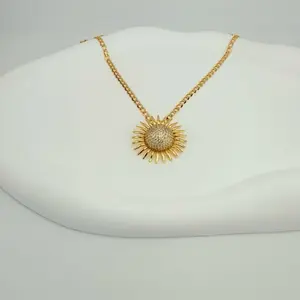 Sun Pendant with 3 mm Cuban Chain - Elegant Gold-Tone Necklace for Women