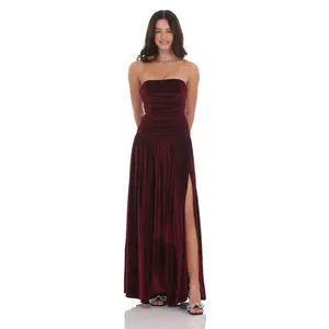 Velvet Ruched Drop Waist Maxi Dress in Wine