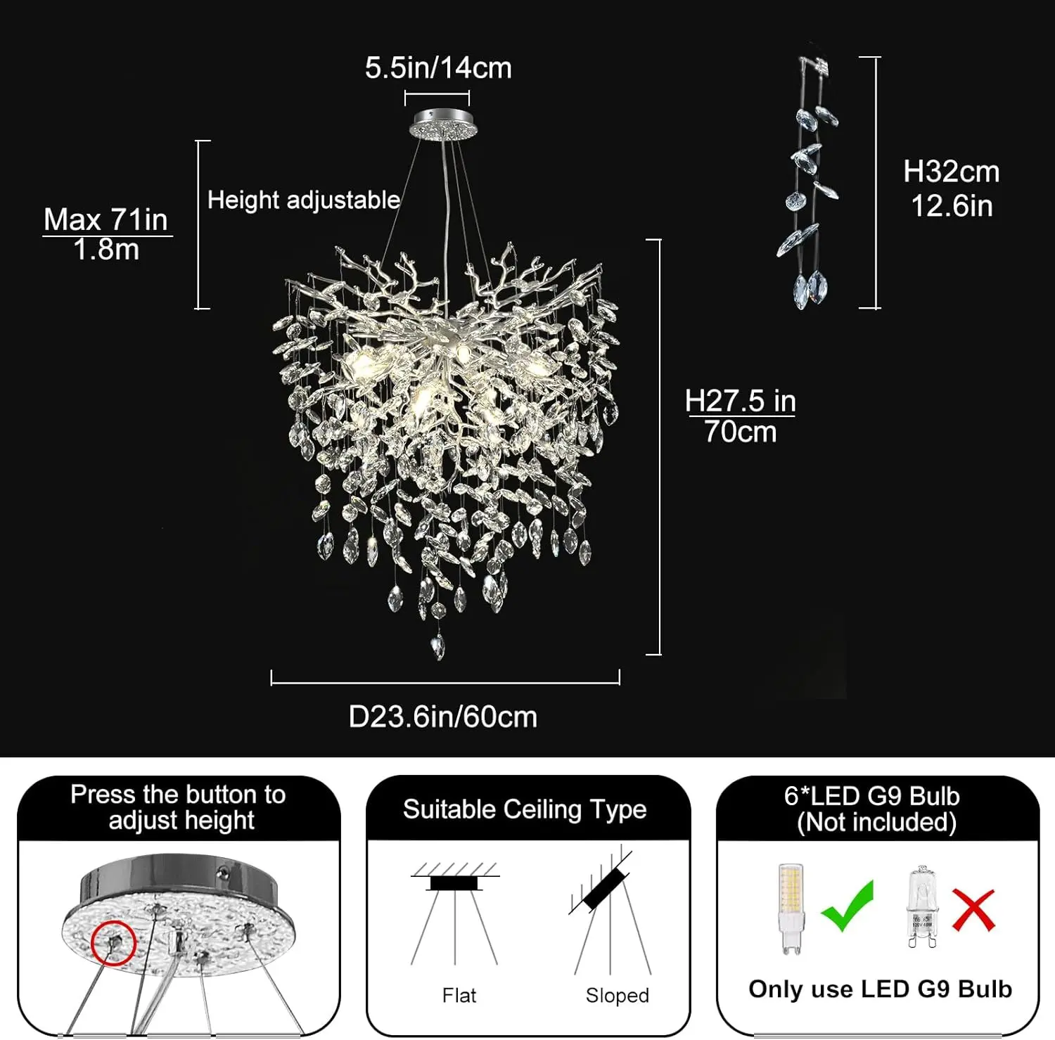 24 in Crystal Chandelier for Dining Room, Round Silver Tree Branches Chandeliers, Top K9 Crystal Chandelier, Modern Chandeliers for Kitchen,Foyer Entryway,Luxury Adjustable Hanging Chandeliers