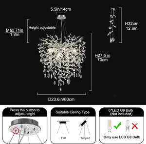 24 in Crystal Chandelier for Dining Room, Round Silver Tree Branches Chandeliers, Top K9 Crystal Chandelier, Modern Chandeliers for Kitchen,Foyer Entryway,Luxury Adjustable Hanging Chandeliers