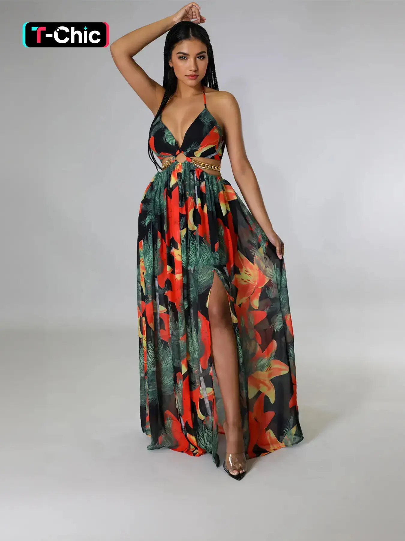 Summer Floral Print Deep V Halter Neck Sleeveless Tie Split Maxi Dress Casual Wear Boho Boho Chic Dress Womenswear Bohemian