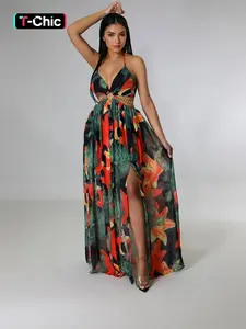 Summer Floral Print Deep V Halter Neck Sleeveless Tie Split Maxi Dress Casual Wear Boho Boho Chic Dress Womenswear Bohemian