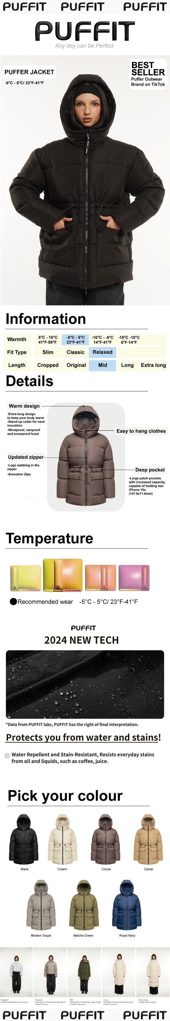 【Clearance Sale】PUFFIT Women Mid Length Puffer Jacket Hood Winter, Mid Length Ladies Outwear Coat Big Pocket with Waist Drawcord #FallFreshness 【Clearance Sale】PUFFIT Women Mid Length Puffer Jacket Hood Winter, Mid Length Ladies Outwear Coat Big Pocket with Waist Drawcord #FallFreshness