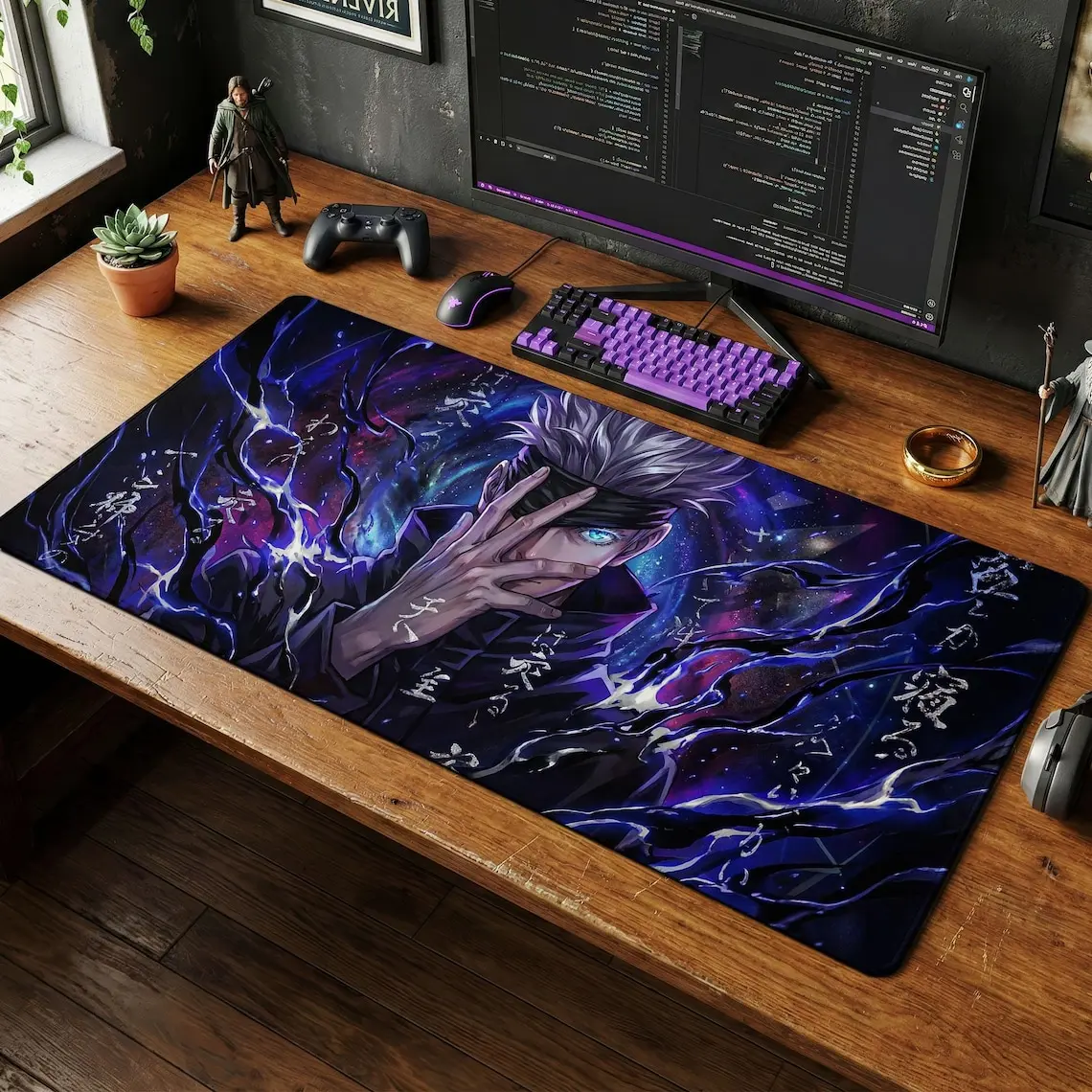 Satoru Gojo Desk Mat, Dark Anime Mouse Pad, Cursed Energy Gaming Keyboard Mat