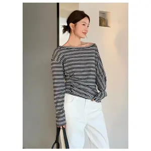 Tencel striped contrasting color long-sleeved T-shirt women's early spring new pleated versatile top women oversized tshirt Cotton Inspirational Fan Rico strapless tonight Casual Short Sleeve Style Concert knit