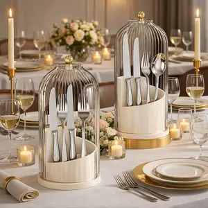 Utensil Holder Holder Organizer with Lid,360 Rotating Clear Dustproof Cutlery Organizer for Kitchen Countertop, Modern Tableware Storage