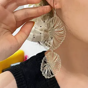 Handmade earrings, large hoop statement drop earrings, silver wire woven design, original design, birthday gift, keepsake, niche unique gift for others