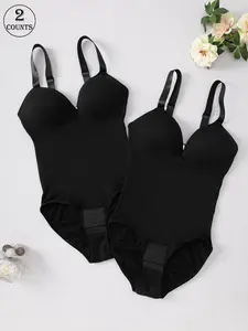 2 piece set, Underwear, Womenswear, solid color high-stretch Casual women's one-piece shapewear with underwire and padded cups, gathering and support, crotch with hook closure, triangle panty hip design, adjustable straps, suitable for yoga workouts